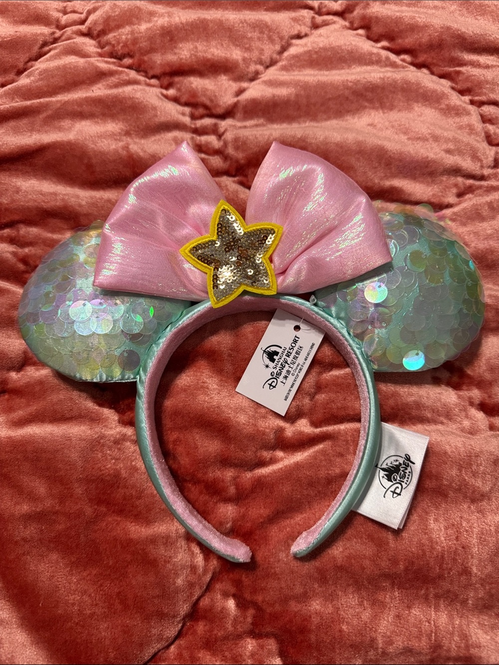 Disney Mint Sequin Minnie Ears with Pink Bow and Gold Star